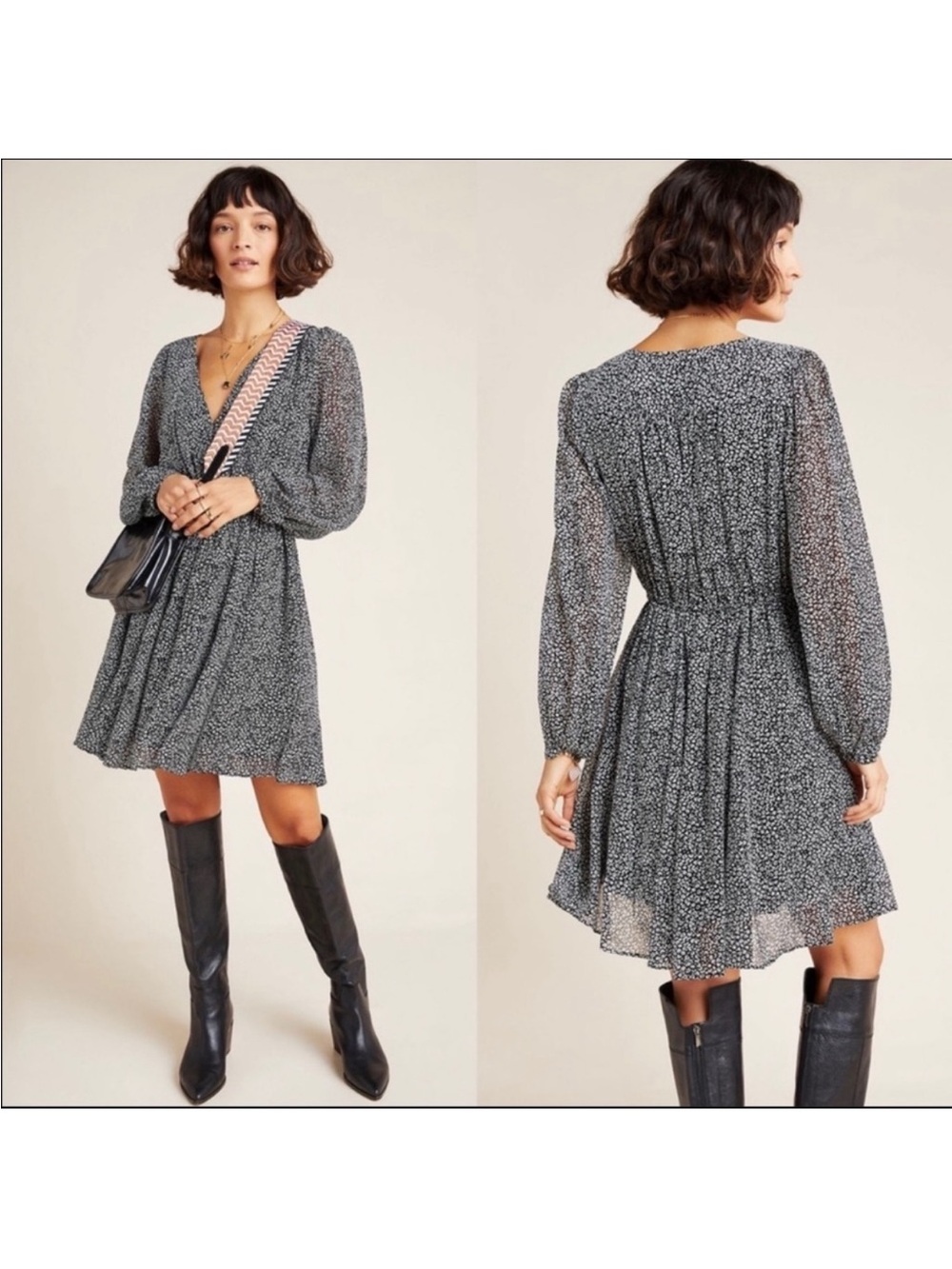 Anthropologie Black & White Long Sleeve V-Neck Tiered Dress